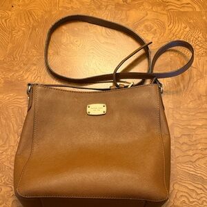 Michael Kors Cognac Leather Crossbody Bag with Gold Plaque